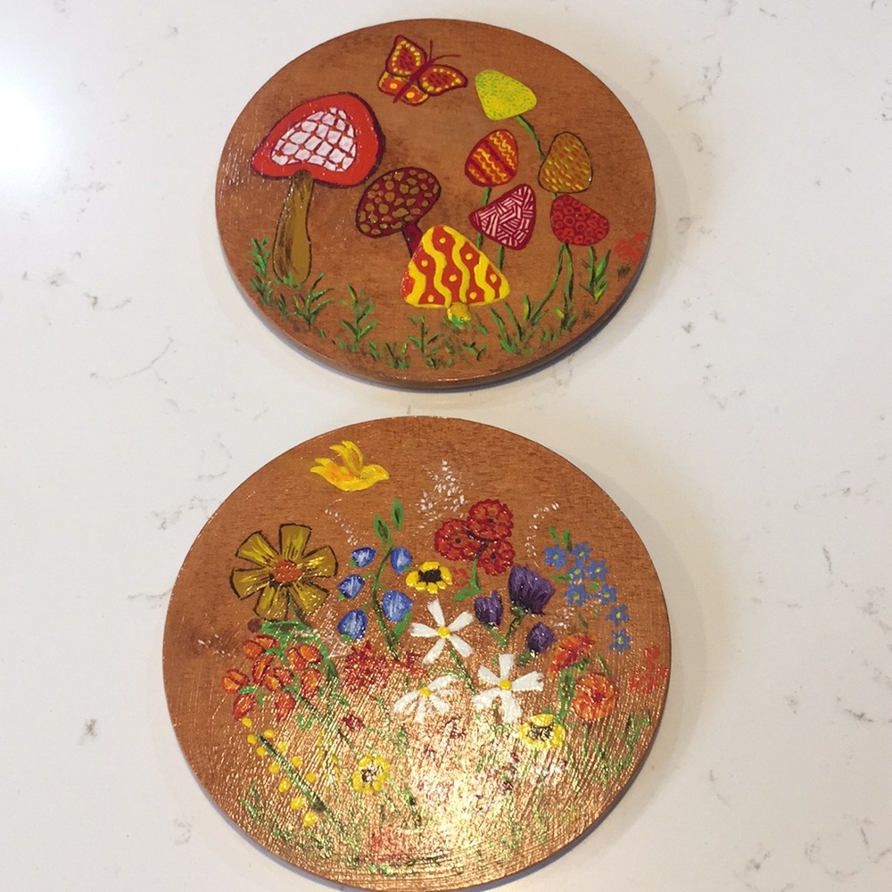 Two Vtg 1970s Mushroom Art on Wood Wall Art Kitsch